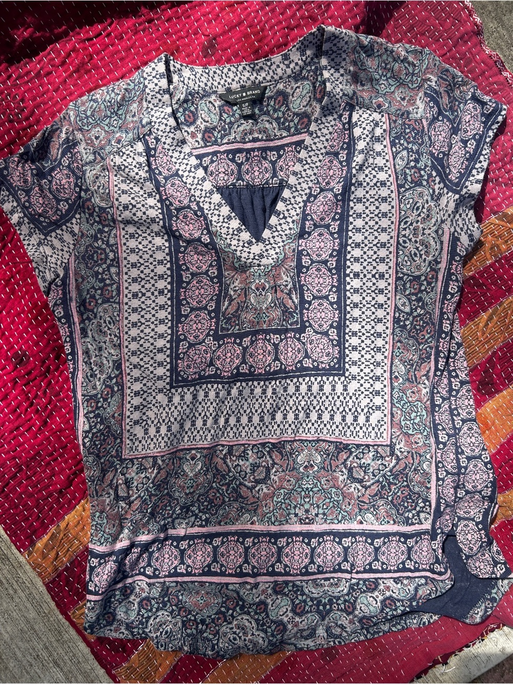 Lucky Brand Navy and Pink Paisley V-Neck Blouse